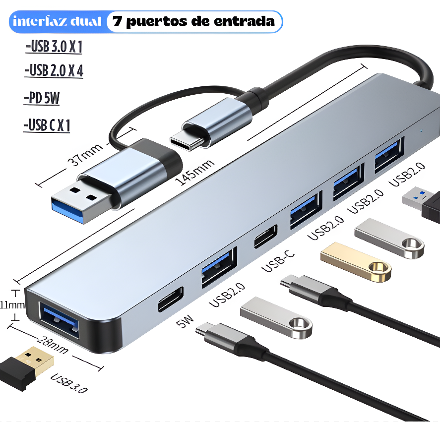 USB C Hub USB Hub 3.0, VIENON Aluminum 7 in 1 USB Extender, USB Splitter with 1 X USB 3.0, 4 X USB 2.0 and 2 X USB C Ports